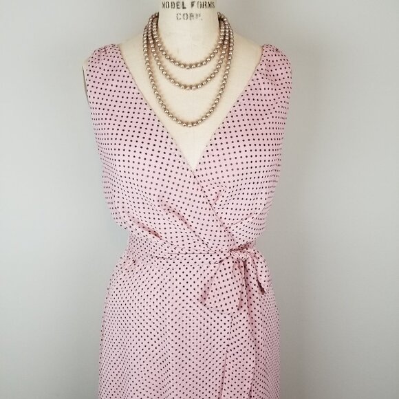 Lapis & Lillies Blush Pink & Black Dot Faux Wrap Chiffon Dress * Small * NEW Tag - Picture 3 of 9